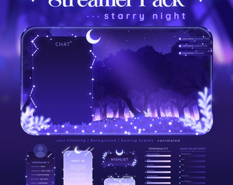 Starry Night Stream Pack - Dark Twitch Overlay | Glowing Forest Aesthetic | Animated Scenes | Vtuber | Just Chatting | Celestial Moon Panels