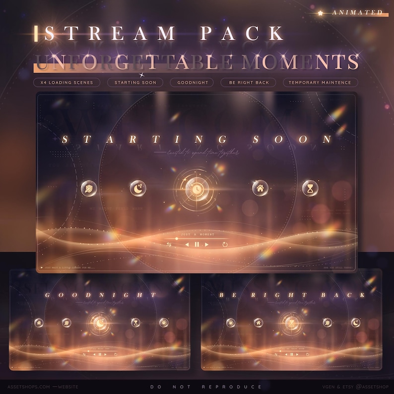 A cozy glowing animated Twitch overlay pack called Unforgettable Moments, featuring warm winter visuals, snow and candle effects, rainbow highlights, game-loading style screens, chat and goal widgets, gaming scenes, loading scenes, and matching stream panels.