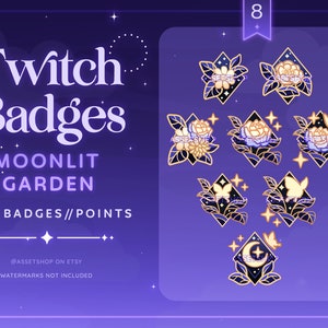 Moonlit Garden Twitch Sub Badges | Floral Butterfly Twitch Streamer Badges | Starry Moon Plant Reward Icons | Bits | Diamond Channel Graphic