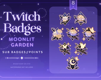 Moonlit Garden Twitch Sub Badges | Floral Butterfly Twitch Streamer Badges | Starry Moon Plant Reward Icons | Bits | Diamond Channel Graphic