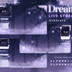 May include: A set of purple and white digital overlays for live streaming on Twitch or YouTube. The overlays feature a dreamy forest background with glowing lights and butterflies. The overlays include a chat box, a subscriber box, a donation box, and a timer. The overlays also include a set of icons to choose from, including a dollar sign, a star, a heart, a plus sign, a crown, and a butterfly.