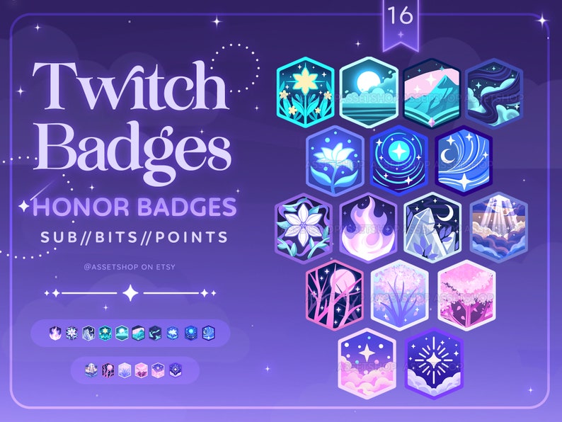 May include: A set of 16 Twitch honor badges featuring a variety of celestial and nature-inspired designs. The badges are in a hexagonal shape and are arranged in a honeycomb pattern. The badges are in shades of blue, pink, and white.