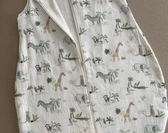 Handmade baby sleeping bag made of double-layered muslin, size 56, soft & breathable, with zipper, safari design