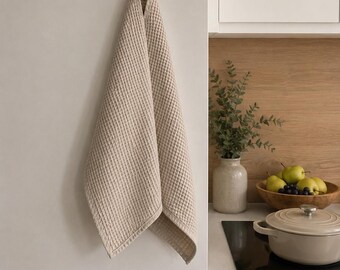 Handmade waffle-weave kitchen towel 40 × 60 cm | Cotton dish towel with hanging loop | Kitchen towel | Many colors
