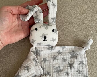 Cuddly toy bunny muslin grey, baby comforter with ears, baby gift