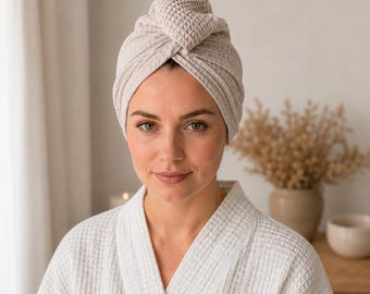 Cotton waffle piqué hair turban | Hair towel with button | Handmade drying turban | Hair towel wrap | Color selection