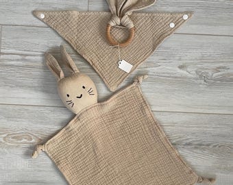 Baby set made of muslin, cuddly toy bunny + teething ring + bandana, baby gift set