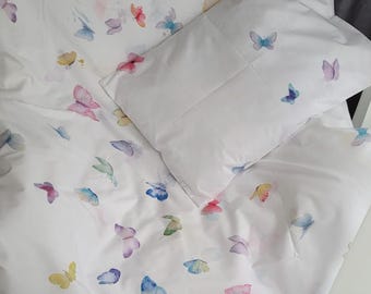 Handmade cotton sateen bedding, 135 x 200 cm + 80x80 pillowcase, lightweight summer bedding with butterflies.