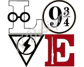 May include: Black and white graphic design of the word "LOVE" with Harry Potter themed icons. The "L" is a pair of round glasses, the "O" is a lightning bolt in a triangle, the "V" is a wand, and the "E" is the number "9 3/4" in a circle.