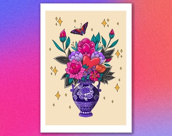A4 A5 art print artwork flowers vase traditional tattoo style