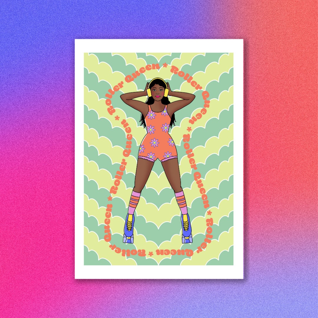 A4 A5 art print empowering artwork feminist traditional tattoo style roller skating badass woman queen orange