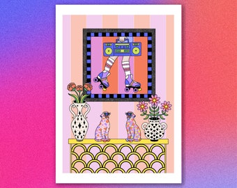 A4 A5 art print roller skating boom box cats and flowers