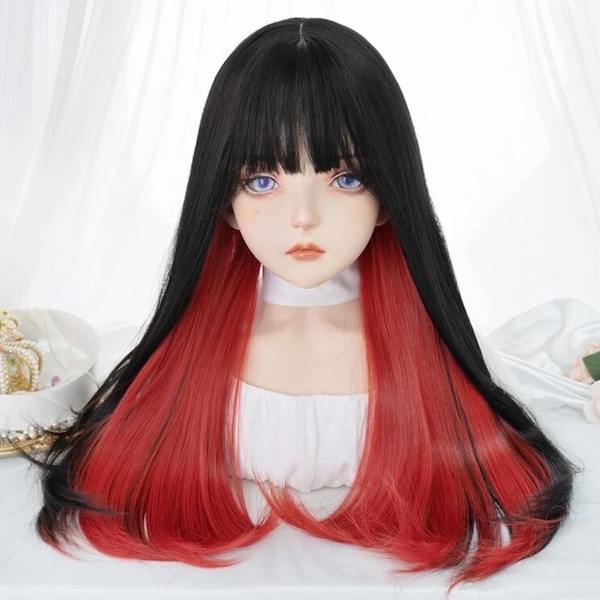 Black and Red Long Straight Synthetic Wig With Bangs