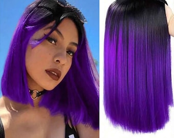 Dark purple ombre short straight wig