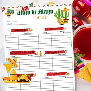 Puede incluir: Una hoja de inscripción para un potluck del Cinco de Mayo con un tema mexicano festivo. La hoja incluye secciones para platos principales, postres, aperitivos y guarniciones, bebidas y hielo, y otros. Cada sección tiene un espacio para los nombres y lo que traerán.