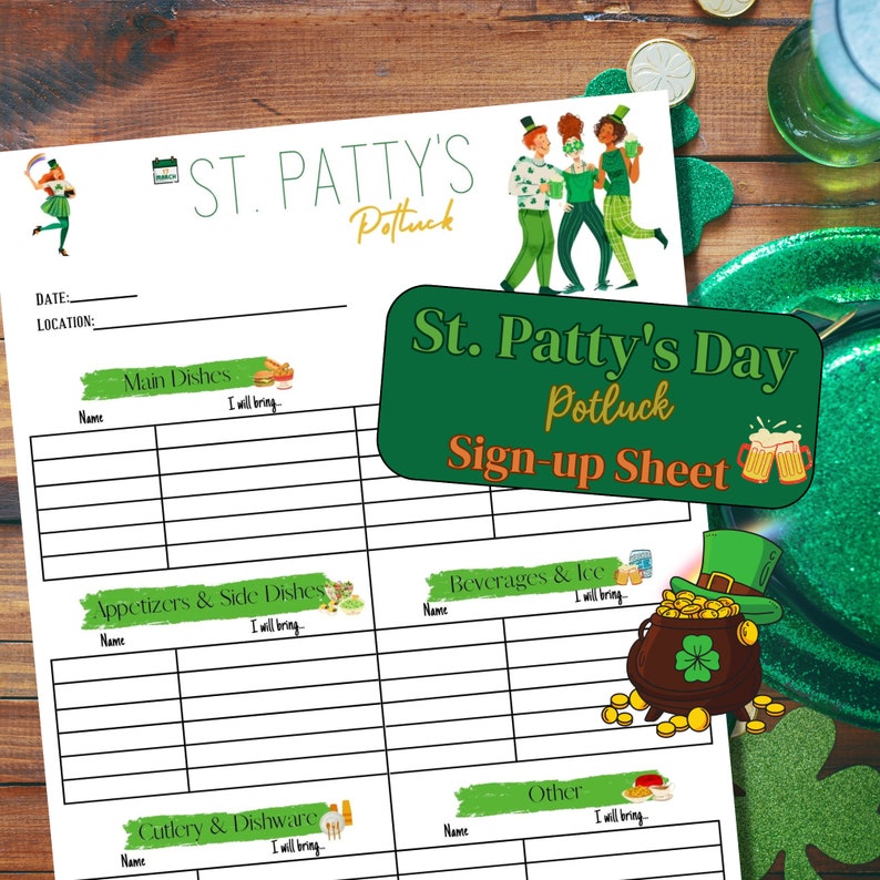 St. Patrick's Day Potluck Sign-up Sheet, Digital Print, Printable, St ...