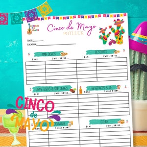 Puede incluir: Una hoja de inscripción imprimible para un potluck de Cinco de Mayo con un diseño colorido de cactus y guitarra. La hoja incluye secciones para platos principales, aperitivos, postres, bebidas y otros artículos.