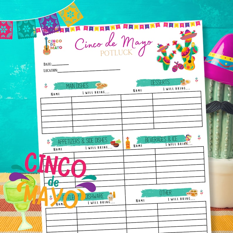 Cinco De Mayo Potluck Sign up Sheet Printable Digital Print Etsy