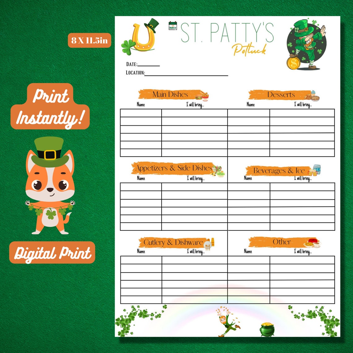St. Patrick's Day Potluck Sign-up Sheet, Party, Digital Print ...