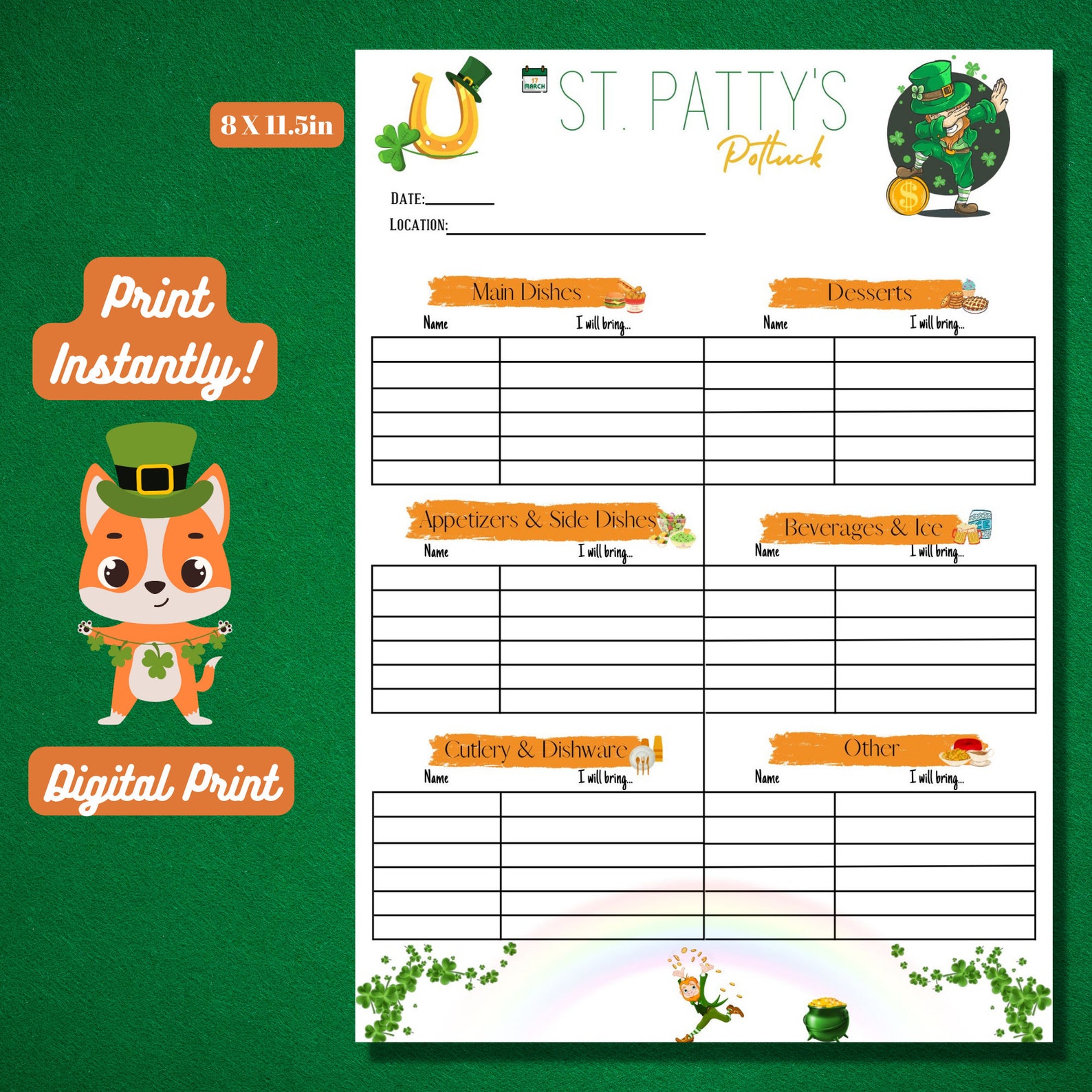 St. Patrick's Day Potluck Sign-up Sheet, Party, Digital Print ...