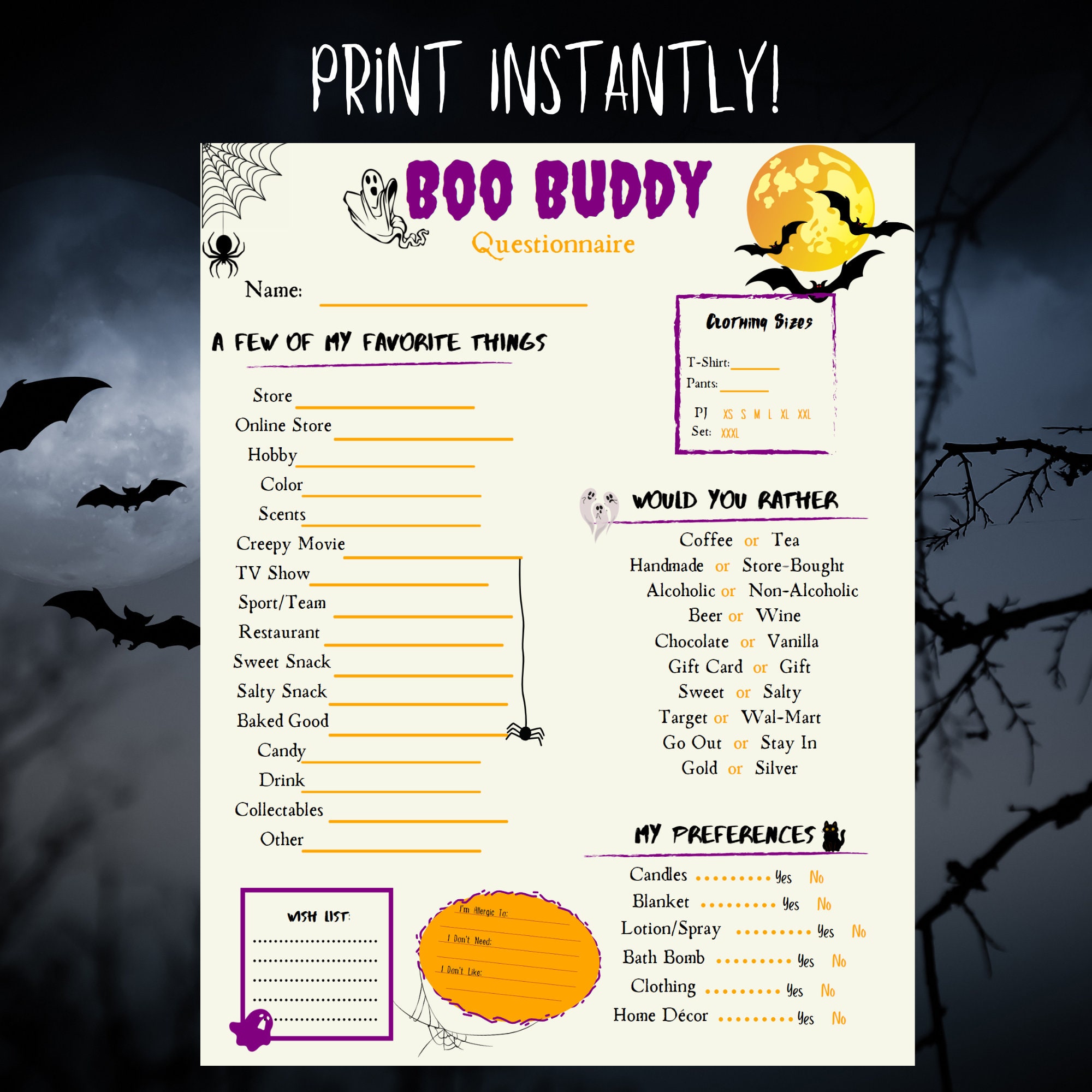 Boo Buddy Questionnaire Gift Exchange Questionnaire Halloween Sign up Sheet Printable