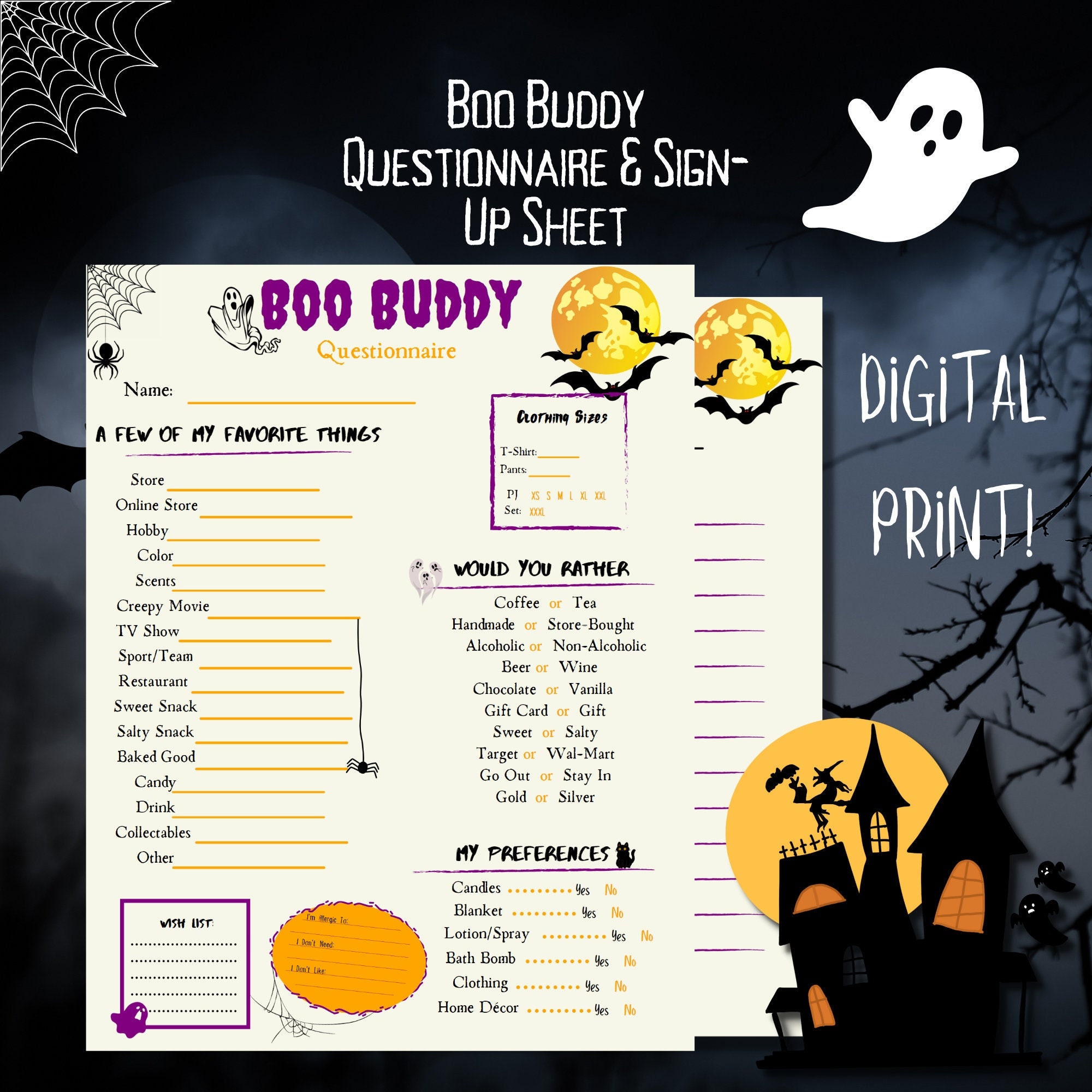 Boo Buddy Questionnaire Gift Exchange Questionnaire Halloween Sign up Sheet Printable