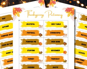 Peut inclure: Jeu de Pictionary de Thanksgiving imprimable avec 3 colonnes de mots sur fond jaune, orange et marron. Les mots incluent "Nap", "Automne", "Épices à la citrouille", "Maïs sur l'épi", "Miel", "Reconnaissant", "Table des enfants", "Football", "Tarte à la citrouille", "Farce", "Dinde", "Cuisson", "Récolte", "Pèlerin", "Fleur de mai", "Bison", "Feuilles", "Dinde frite", "Cornucopia", "Os à souhaiter", "Novembre", "Jeudi", "Badigeonner".