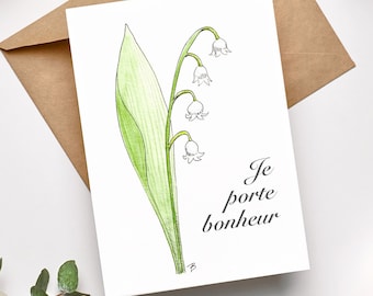 CARTE 1ER MAI - Carte en papier texturé imprimé muguet porte bonheur - Aquarelle faite main - Fête du travail