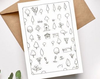 CARTE POUR PÂQUES - illustration paysage enfantin au Printemps - Carte en papier  épais texturé imprimée  - Carte de voeux à colorier