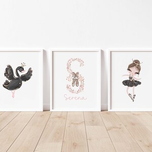 Set of 3,Personalised Ballerina Prints,Gold,Black,Ballerina Wall Decor,Nursery Wall Art,Baby Girls Room Decor,Floral Letter Name,DIGITAL