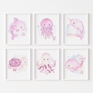 Set of 6,Girls Room Wall Art,Under The Sea Prints,Ocean Animal Prints,Watercolor,Pink,Sea Animals Art, Nursery Wall Art,DIGITAL DOWNLOAD