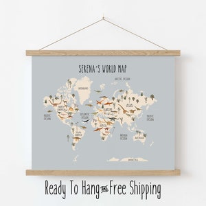 Aangepaste dinosaurus wereldkaart voor kinderen, canvas kaart poster, wereldkaart afdrukken, educatieve kaart, kinderen muur kaart, magnetisch frame houten poster, gepersonaliseerde