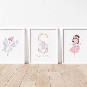 Personalised Ballerina Prints,Set of 3,Watercolor Swan,Girls Name Wall Art,Nursery Wall Art,Baby Girls Room Decor,Floral Letter Name,DIGITAL