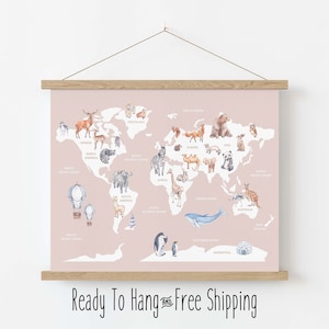 Mapa del mundo de animales de acuarela, Mapa de lienzo, Decoración de pared de sala de juegos, Mapa educativo, Mapa de pared para niños, Decoración de guardería, Impresión de guardería, Colgador de carteles, 3 colores
