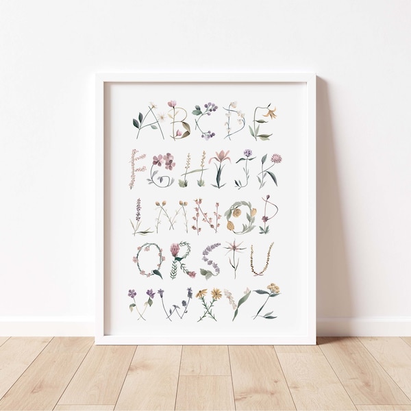 Wild Flower Alphabet Poster,Girl's Room Decor,Nursery Prints,Wild Flowers Pirnts,Alphabet Art,DIGITAL DOWNLOAD