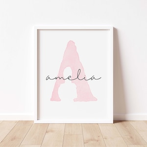 Impresión personalizada del nombre del bebé, letra de acuarela rosa, impresiones del nombre inicial, decoración de la habitación de la guardería, arte de pared de la habitación para niños, póster de nombre personalizado, DIGITAL