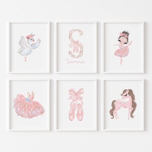 Conjunto de 6, impresiones personalizadas del nombre de la bailarina, cisne de acuarela, arte de pared del nombre de las niñas, arte de la pared de la guardería, decoración de la habitación de las niñas, nombre de la letra floral, DIGITAL