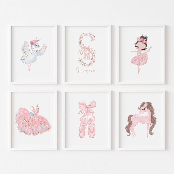 Set of 6,Custom Ballerina Name Prints,Watercolor Swan,Girls Name Wall Art,Nursery Wall Art,Baby Girls Room Decor,Floral Letter Name,DIGITAL