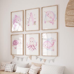 Set of 6,Personalized Under The Sea Prints,Ocean Animal Prints,Watercolor,Pink,Sea Animals Art,UnderThe Sea Wall Art,Nursery Wall Art