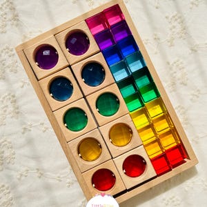 Mixed set of colorful acrylic gem wooden building blocks, Montessori toys, open-ended toys, children&#39;s toys, space structure toys