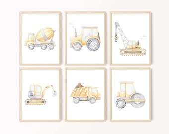 Set of 6,Play Room Decor,Watercolor Construction Trucks Prints,Boys,Car Prints,Construction Vehicle Wall Art,Transportation Prints