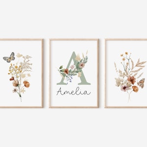 Juego de 3 impresiones florales de flores silvestres bohemias personalizadas, impresiones de nombres de niñas, arte de pared de guardería con flores de acuarela, decoración de habitación de niñas, impresiones de letras y nombres