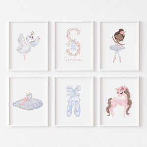 Set of 6 Ballet Prints,Ballerina Nursery Prints,Ballerina Wall Decor,Nursery Wall Art,Baby Girls Room Decor,Floral Letter Name,Unicorn