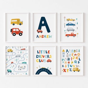 Set of 6,Transportation Prints,Boys Room Decor,Custom Name Print,Car Art Prints,Toddler,Construction,Tractor Prints,Playrroom Wall Art