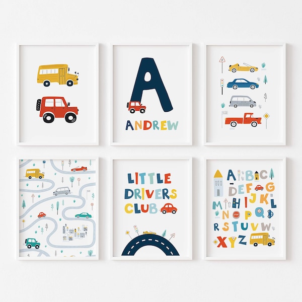 Set of 6,Transportation Prints,Boys Room Decor,Custom Name Print,Car Art Prints,Toddler,Construction,Tractor Prints,Playrroom Wall Art