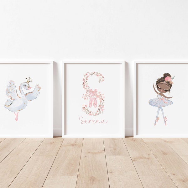 Set of 3 Ballet Prints,Personalised Ballerina Prints,Ballerina Wall Decor,Nursery Wall Art,Baby Girls Room Decor,Floral Letter Name,DIGITAL