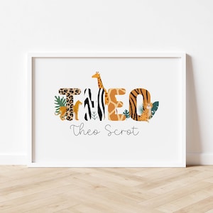 Impressão personalizada de nome de animal da selva, nome de meninos, decoração de berçário de bebê, decoração de nome de animal de safari, sinal de nome de berçário de animais, arte de parede de quarto de criança, digital
