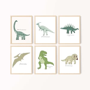 Set of 6,Dinosaur Name Print,Printable Dinosaur Wall Art,Green Dinosaur Prints,Boys Room Decor,Nursery Decor,Nursery Prints,DIGITAL