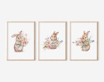 3 Sets Floral Bunny Prints,Watercolor Wildflower Bunny Prints,Girls Room Wall Decor,Bunny Nursery Prints,Little Girls Bedroom Wall Art