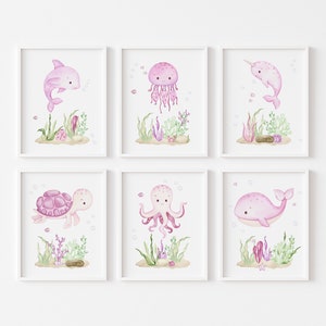 Set of 6,Under The Sea Prints,Ocean Animal Prints,Watercolor,Pink,Sea Animals Art,UnderThe Sea Wall Art,Nursery Wall Art,DIGITAL DOWNLOAD